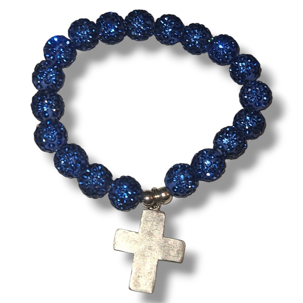 Blue Rhinestone Stretch Bracelet Silver Tone Cross Charm Faith Jewelry